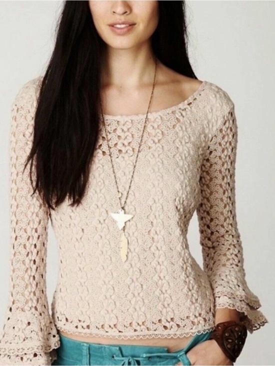 Free People Tops - Free People Cream Crochet Bell-Sleeve Top Size Large